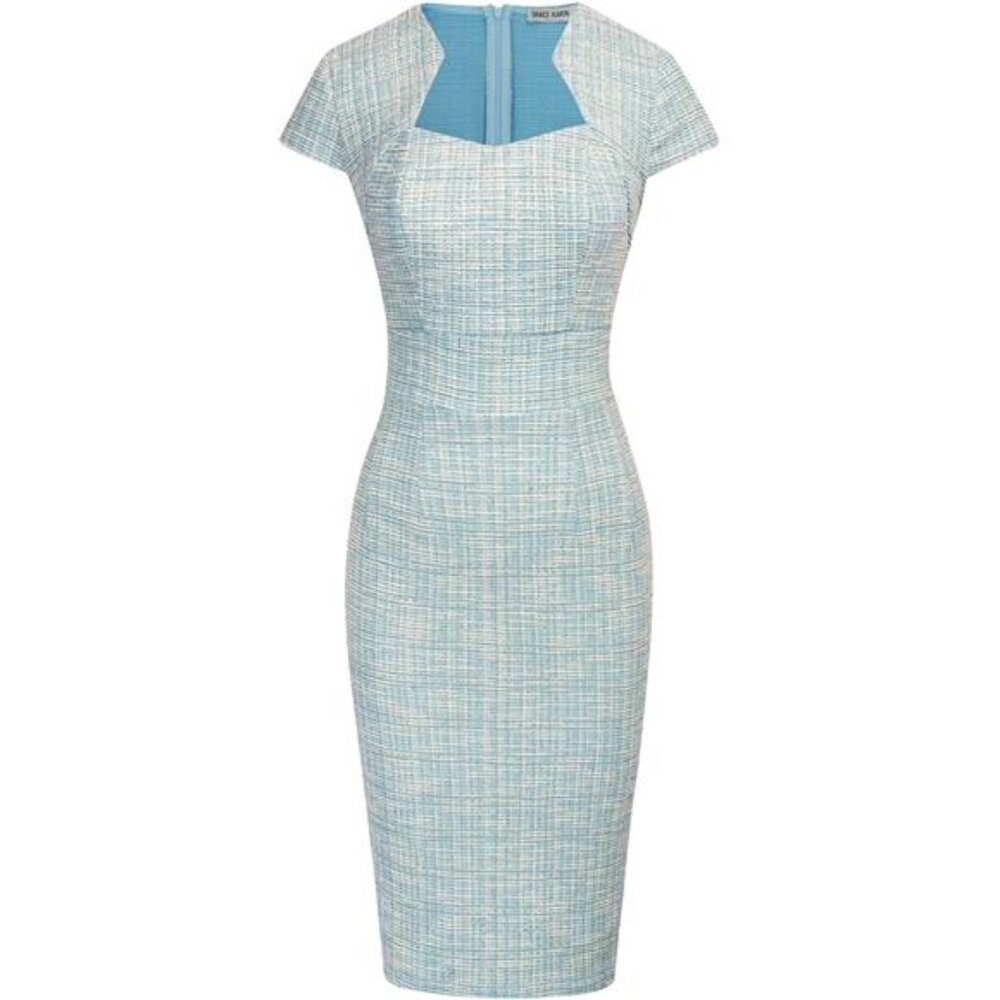 Dress Women Pencil Dress Cap Sleeve Light Blue Plaid